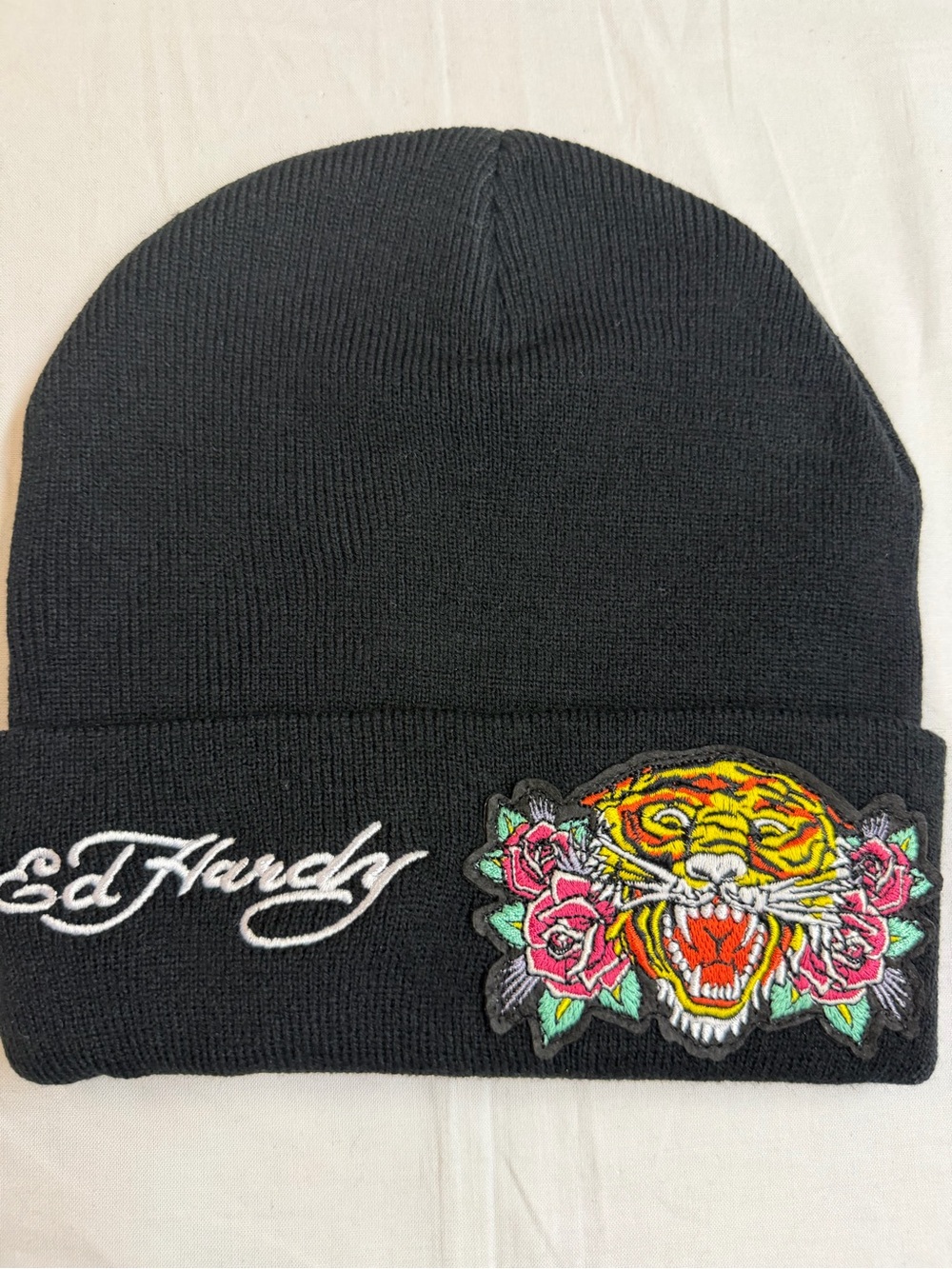 Ed Hardy Black Beanie Hat with Tiger Patch